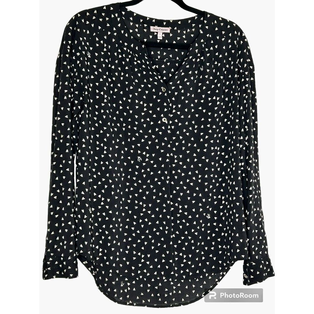 Juicy Couture Women’s Arrow Heart Black And Gold Blouse Top Button Up